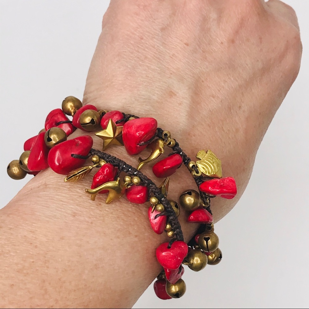Faux‎ Coral Brass Bells Charms Cuff Bracelet